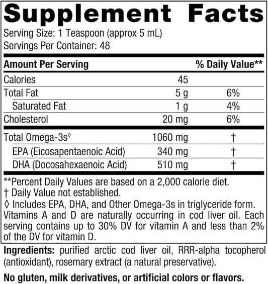 Nordic Naturals Arctic Cod Liver Oil, Unflavored - 8 oz - 1060 mg Total Omega-3s with EPA & DHA - Heart & Brain Health, Healthy Immunity, Overall Wellness - Non-GMO - 48 Servings