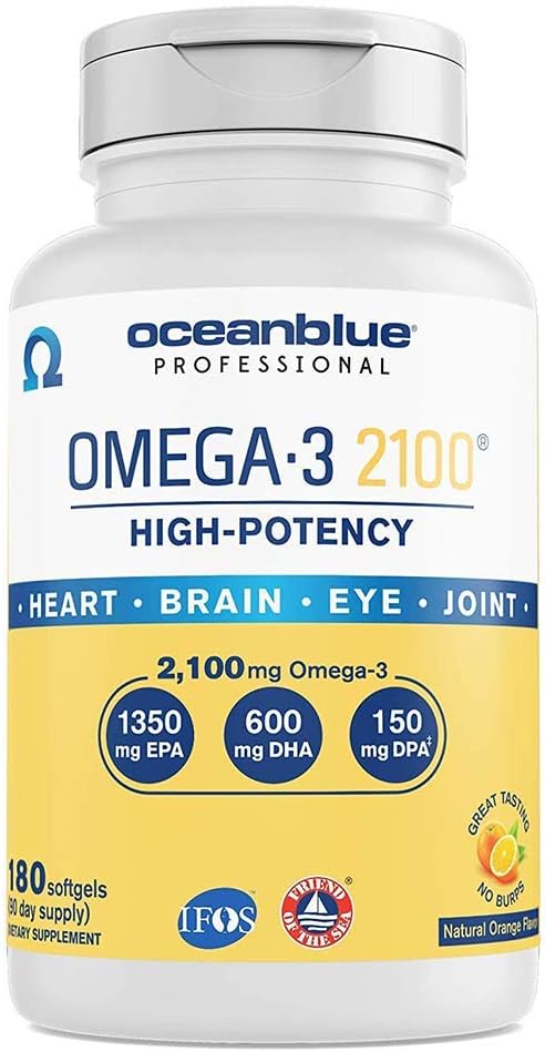 Oceanblue Professional Omega-3 2100 â 180 ct â Triple Strength Burpless Fish Oil Supplement with High-Potency EPA, DHA, DPA â Wild-Caught â Orange Flavor (90 Servings)