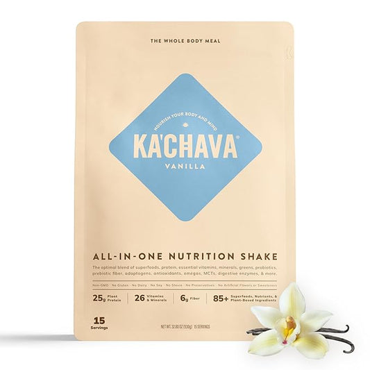 KaâChava All-In-One Nutrition Shake Blend, 85+ Superfoods & Nutrients, Meal Replacement, Greens Plant-Based Superfood Powder Protein Drink, Digestive Enzymes & Probiotics, Vegan Dairy Gluten Free, 2lb