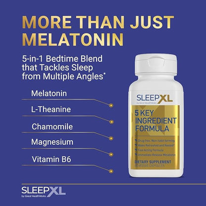 SleepXL Sleep Supplement Non-Habit-Forming Formula - Fall Asleep Faster & Sleep Longer - 5 key ingredients include Melatonin, L-Theanine, Chamomile, Magnesium & Vitamin B6 (60 Capsules, 30 Servings)