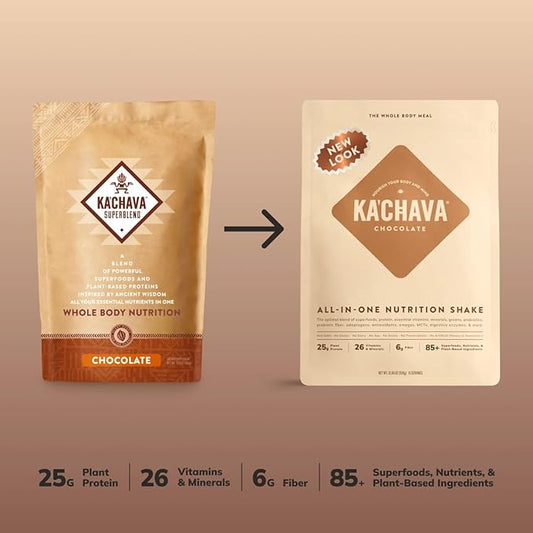 KaâChava All-In-One Nutrition Shake Blend, 85+ Superfoods & Nutrients, Meal Replacement, Greens Plant-Based Superfood Powder Protein Drink, Digestive Enzymes & Probiotics, Vegan Dairy Gluten Free, 2lb