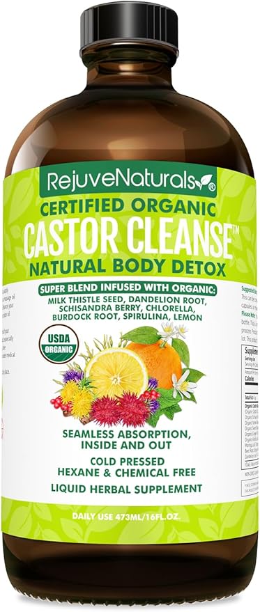 RejuveNaturals Castor Cleanseâ¢ - USDA Organic Castor Oil, Chlorella, Spirulina, Roots & Greens for Wellness, Digestive Support, Daily Balance. 3-Month Supply Gut Cleanse Detox for Women & Men - 16oz.