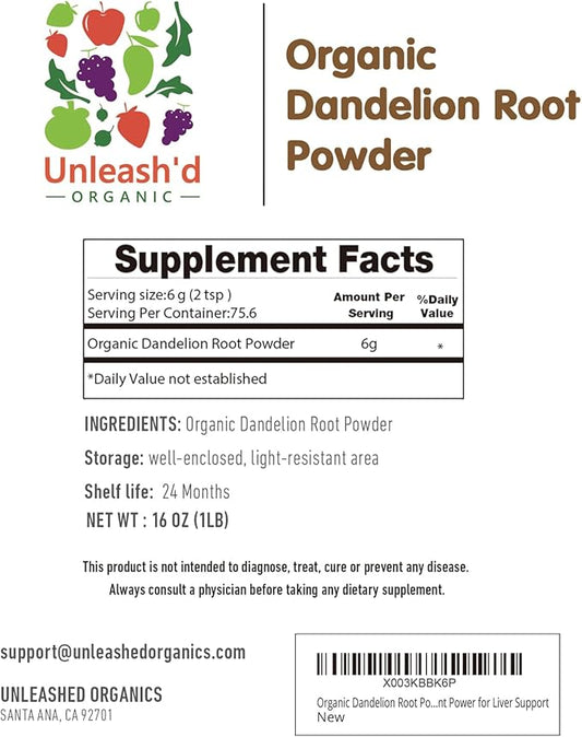 UNLEASH'D ORGANIC Organic Dandelion Root Powder 16 oz for Tea and Beverages Vegan Friendly Detoxifies and Supports Digestive Health
