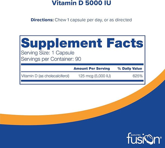 Bariatric Fusion Vitamin D3 5000 IU | Easy to Swallow Bariatric Vitamin D Capsule| One Per Day | Support Bone Strength and Calcium Absorption* | Post Bariatric Surgery | 90 Capsules