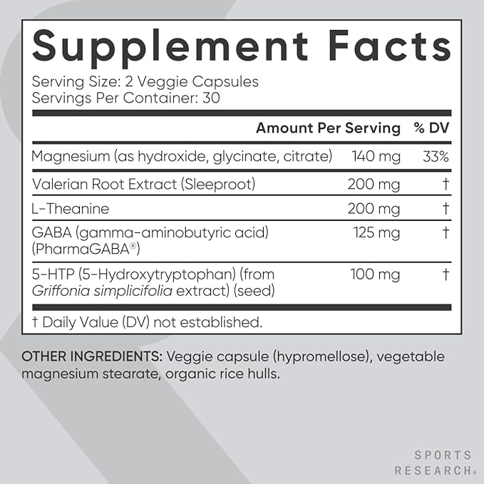 Sports ResearchÂ® Sleep Complex- Melatonin-Free Vegan Capsules - with Valerian Root, GABA, L-Theanine, Magnesium & 5-HTP - 30 Servings