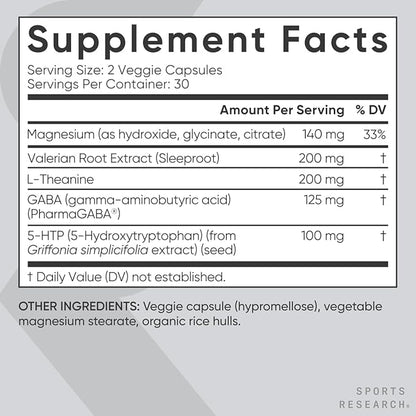 Sports ResearchÂ® Sleep Complex- Melatonin-Free Vegan Capsules - with Valerian Root, GABA, L-Theanine, Magnesium & 5-HTP - 30 Servings