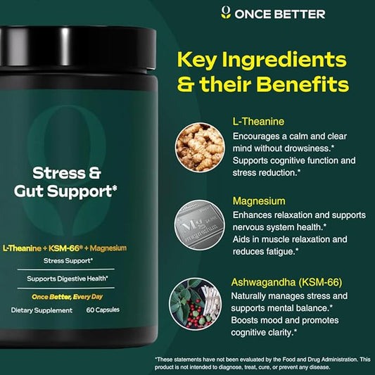 Once Betterâ¢ï¸ Stress & Gut Support Supplement â Ashwagandha KSM-66Â®, L-Theanine, Magnesium Glycinate, Probiotics & Inulin for Digestive Health & Stress Relief â 60 Capsules - Men & Women