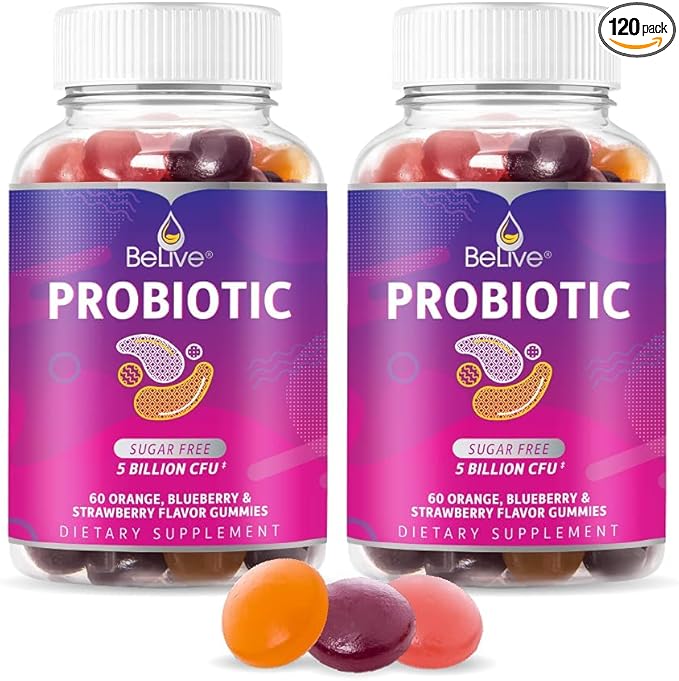 BeLive Probiotic Gummies - Probiotics with 5 Billion CFUs for Digestive Health, Men, Women & Kids Probiotic Supplements for Immune Support, Sugar Free & Vegan â Blueberry, Strawberry & Orange | 2-Pack