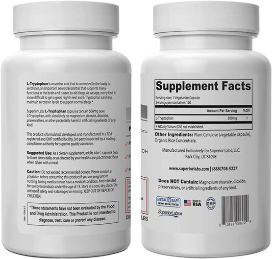 Superior Labs – Pure L-Tryptophan – 500mg, 120 Vegetable Capsules – Non-GMO Dietary Supplement for Restful Sleep & Relaxation – Supports Feelings of Well Being and Healthy Circulation Circulation