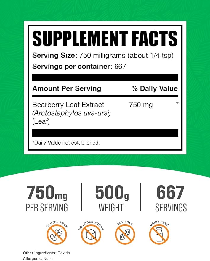 BulkSupplements.com Bearberry Leaf Extract Powder - Uva Ursi Extract, Bearberry Supplement, Bearberry Leaf Powder - Vegan & Gluten Free, 750mg per Serving, 500g (1.1 lbs) (Pack of 1)