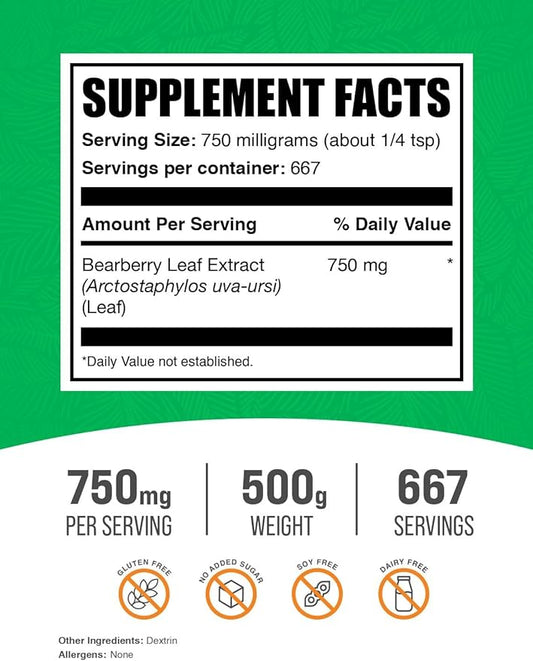 BulkSupplements.com Bearberry Leaf Extract Powder - Uva Ursi Extract, Bearberry Supplement, Bearberry Leaf Powder - Vegan & Gluten Free, 750mg per Serving, 500g (1.1 lbs) (Pack of 1)