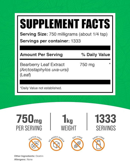 BulkSupplements.com Bearberry Leaf Extract Powder - Uva Ursi Extract, Bearberry Supplement, Bearberry Leaf Powder - Vegan & Gluten Free, 750mg per Serving, 1kg (2.2 lbs) (Pack of 1)