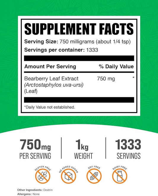BulkSupplements.com Bearberry Leaf Extract Powder - Uva Ursi Extract, Bearberry Supplement, Bearberry Leaf Powder - Vegan & Gluten Free, 750mg per Serving, 1kg (2.2 lbs) (Pack of 1)