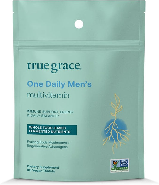True Grace One Daily Menâs Multivitamin Fermented Minerals, Organic Adaptogens & Mushrooms Whole Body Balance Immune, Endurance, Bone & Heart Support - Non-GMO, Gluten Free - 90 Vegan Tablets