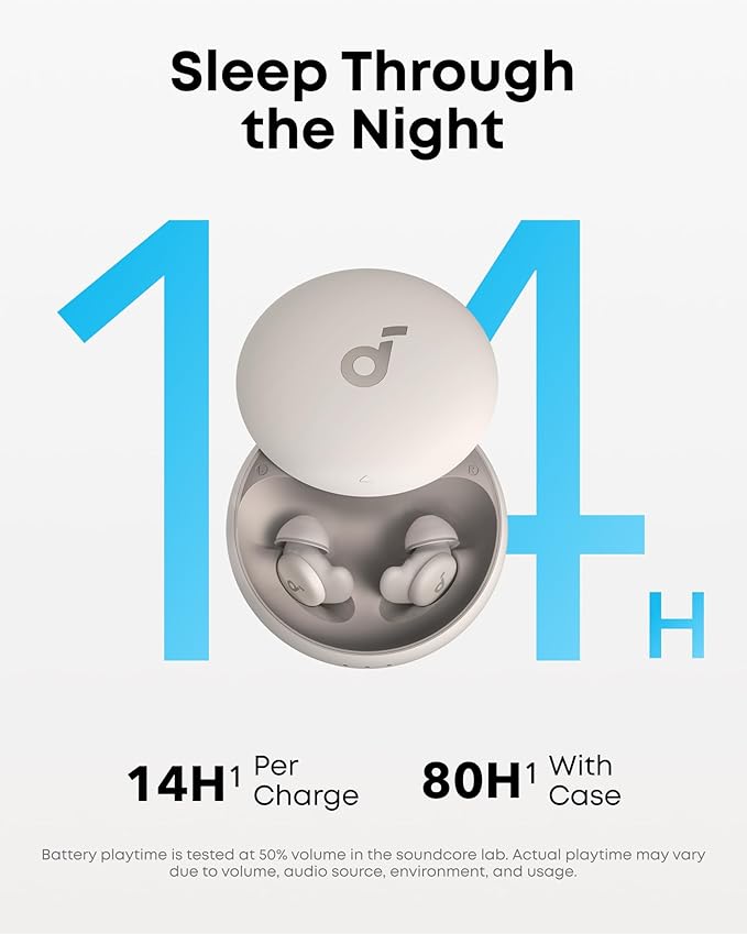 Soundcore Sleep A20 Earbuds by Anker, Noise Blocking, Comfy for Side Sleepers, AI Brainwave Audio, 80H Playtime, Stream Content via Bluetooth 5.3, Sleep Monitor, Personal Alarm