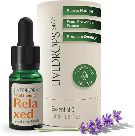 LIVEDROPS 24/7 Relaxed Lavender Essential Oil - Crafted in France - Pure & Natural Aromatherapy for Calm - Diffuser Compatible or Dilute in Carrier Oil for The Skin