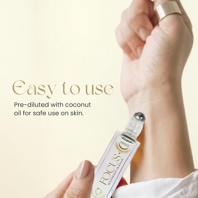 Focus Essential Oil Roll On –100% Natural Aromatherapy – 10ml Glass Roller Ball – Focus, Productivity & Mental Clarity Blend w/Peppermint, Rosemary & Bergamot - Work, Study, Self Care, Gift