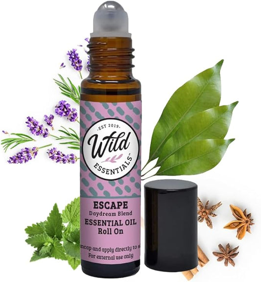Wild Essentials Escape Essential Oil Roll On, 10ml Daydream Blend, Anti-Stress, Relax, Made with 100% Pure, Premium Grade Essential Oils and Organic Jojoba Oil, Ready to Use, Moisturizer, All Natural