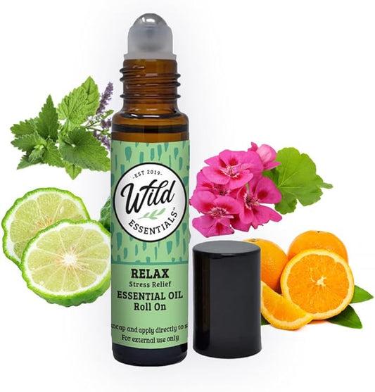 Wild Essentials Relax Essential Oil Roll On, 10ml for Calming, Anti-Stress, Meditation, Made With 100% Pure, Premium Grade Essential Oils and Organic Jojoba oil, Ready To Use, Moisturizer, All Natural