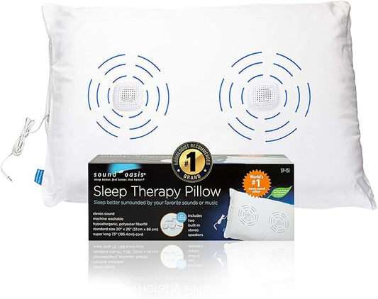 Sound Oasis Sleep Therapy Pillow, 2 Hi-Fidelity, Ultra-Thin Stereo Speakers, Vol. Control, Connect to Sound Source, Fall Asleep Wake Up Refreshed, Sleep, Relax, Manage Tinnitus, Comfortable & Soft.