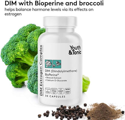 Youth & Tonic Menopause & PMS Support for Women Through Balanced Estrogen Metabolism â 90 Pills with DIM Black Cohosh Red Clover Dong Quai Soy Isoflavones