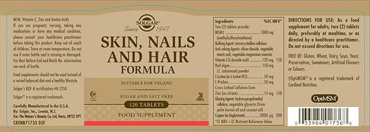 Solgar Skin, Nails & Hair, Advanced MSM Formula, 120 Tablets - Supports Collagen for Hair, Nail and Skin Health - Provides Zinc, Vitamin C & Copper - Non GMO, Vegan, Gluten & Dairy Free - 60 Servings