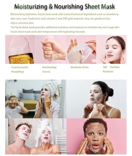 Korean Skin Care Multi-Vitamins Face Sheet Mask, (Pack of 10) 24K GOLD AMPOULE -SERUM MASK