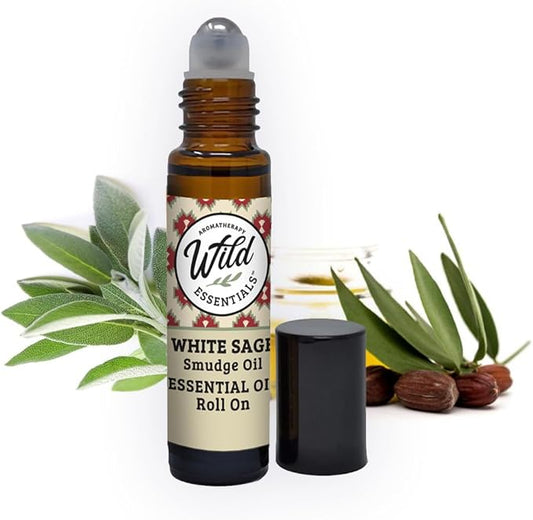 Wild Essentials White Sage Essential Oil Roll On, 10ml, Cleansing, Purifying, Calming, 100% Pure, Premium Grade Essential Oils, Organic Jojoba Oil, Ready to Use, Moisturizer, All Natural