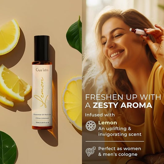 Gya Labs Lemon Essential Oil Roll on for Skin - Refreshing Lemon Perfume Oil for Women & Men, 100% Pure Natural, Aromatherapy, Travel Size (0.34 Fl Oz)