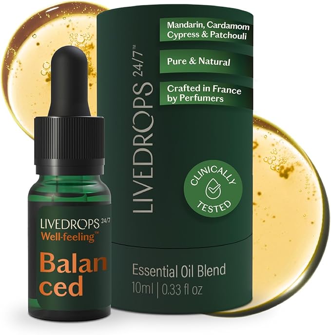 LIVEDROPS 24/7 Balanced Essential Oil Blend - Crafted in France Mandarin, Cardamon & Patchouli - Pure & Natural - Aromatherapy - Skin Safe & Diffuser Compatible - Clinically Tested