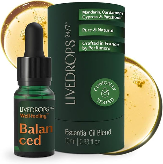 LIVEDROPS 24/7 Balanced Essential Oil Blend - Crafted in France Mandarin, Cardamon & Patchouli - Pure & Natural - Aromatherapy - Skin Safe & Diffuser Compatible - Clinically Tested