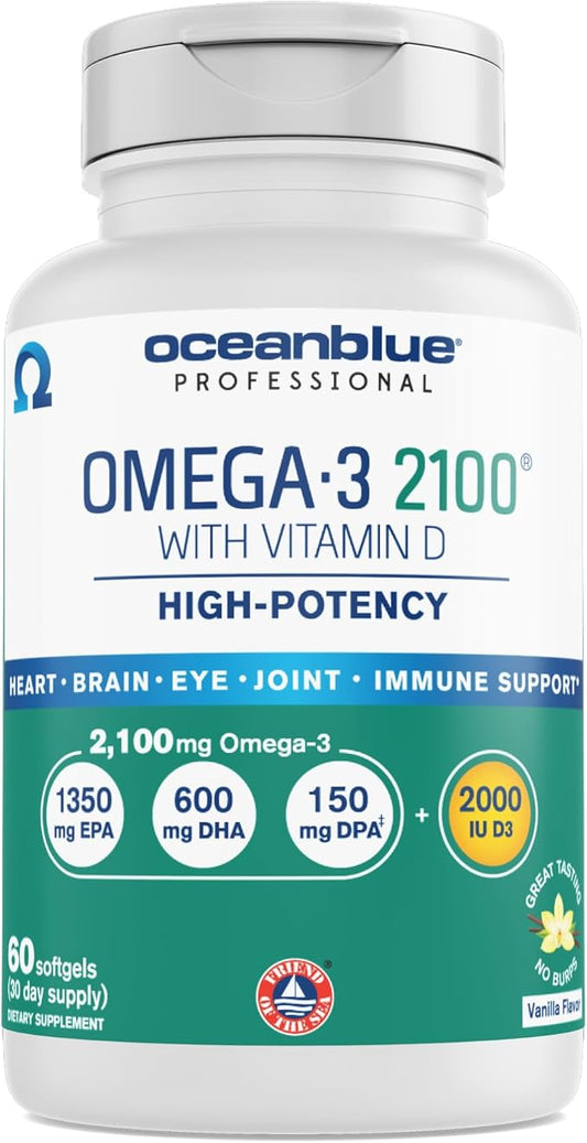 Oceanblue Professional Omega-3 2100 â 60 ct â Triple Strength Burpless Fish Oil Supplement with High-Potency EPA, DHA, DPA and Vitamin D3 â Wild-Caught â Vanilla Flavor (30 Servings)