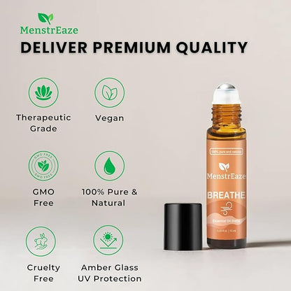 Breathe Essential Oil Roll-On Blend, Therapeutic-Grade Clear Breathing & Energy Boost, 100% Natural & Pure, Pure Blend of Eucalyptus, Peppermint & Australian Tea Tree, 10ml