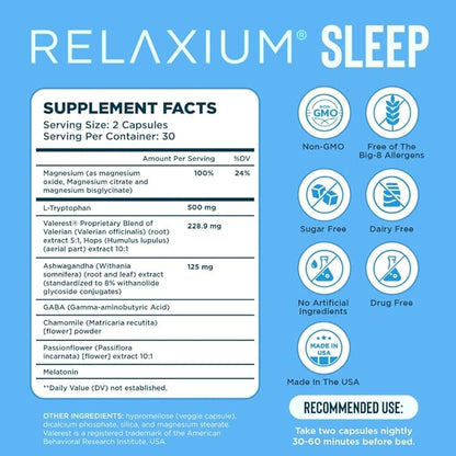 Relaxium Sleep Aid for Adults, Melatonin 5mg with Magnesium Glycinate, Sleep-Promoting Valerest & Ashwagandha, Non-Habit Forming Sleep Supplement, 60 Capsules, 30-Day Supply