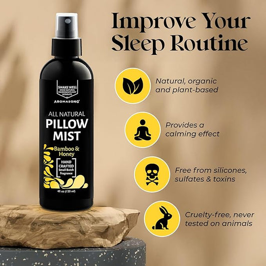 Aromasong Bamboo & Honey Pillow Spray - All Natural Calming Linen & Bedtime Mist for Deep Sleep - Aromatherapy Essential Oils for Sleeping