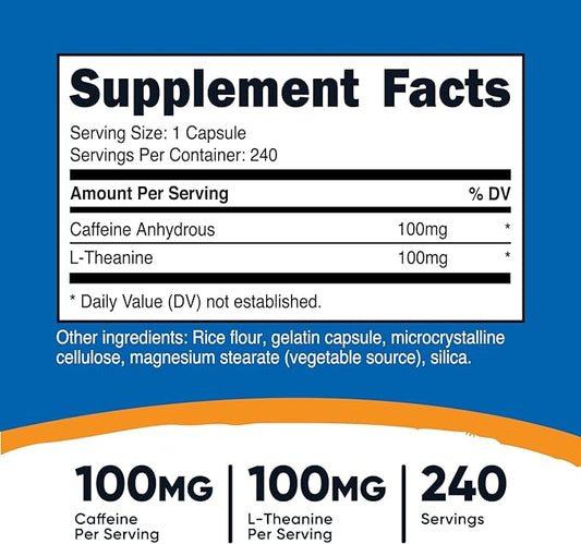 Nutricost Caffeine with L-Theanine, 100mg of Each, 240 Capsules, 240 Servings - Non-GMO and Gluten Free