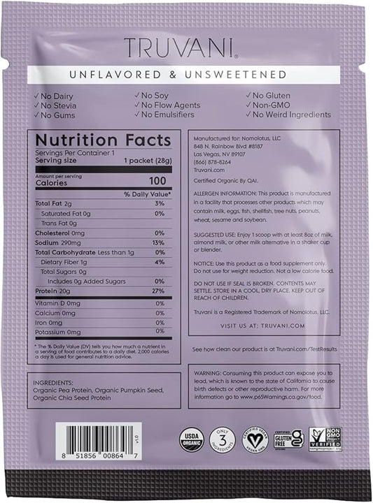 Truvani Vegan Pea Protein Powder | Unflavored | 20g Organic Plant Based Protein | 1 Serving | Keto | Gluten & Dairy Free | Low Carb | No Added Sugar