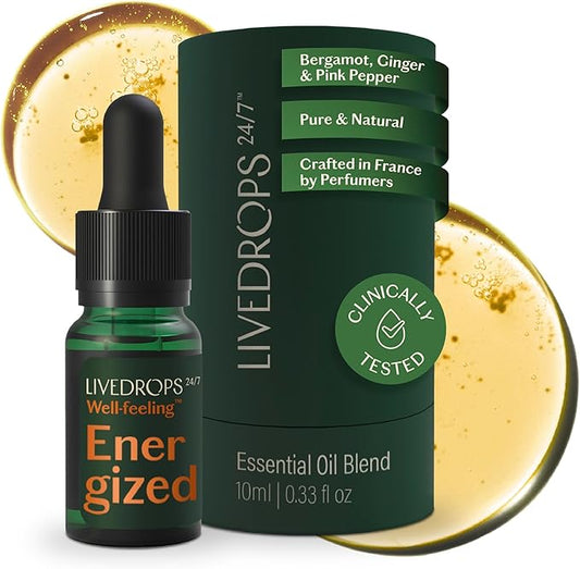 Livedrops 24/7 Energized Essential Oil Blend - Bergamot, Ginger, Pink Pepper - Natural Aromatherapy for Energy & Focus - Skin-Safe & Diffuser-Ready - Clinically Tested - Crafted in France