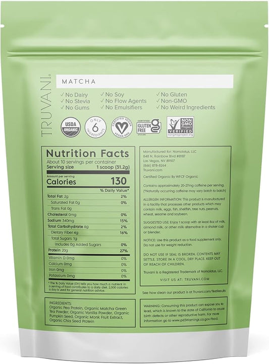Truvani Vegan Pea Protein Powder | Matcha | 20g Organic Plant Based Protein | 10 Servings | Keto | Gluten & Dairy Free | Low Carb | No Added Sugar