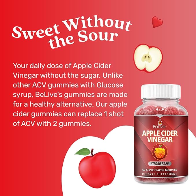 BeLive Apple Cider Vinegar Sugar Free Gummies â Great for Digestion & Healthy Diet - Gluten Free, No Glucose Syrup, ACV Gummies Alternative to Capsules & Drink (120 Ct) â 2 Pack