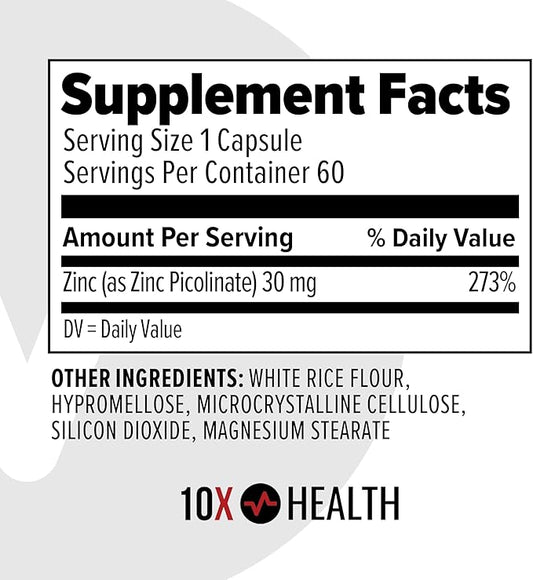 10X Health Zinc Picolinate - Contains Zinc 30mg for DNA & Protein Synthesis, Overall Wellness & Immune Support Supplement - Zinc Supplements - 60 Capsules