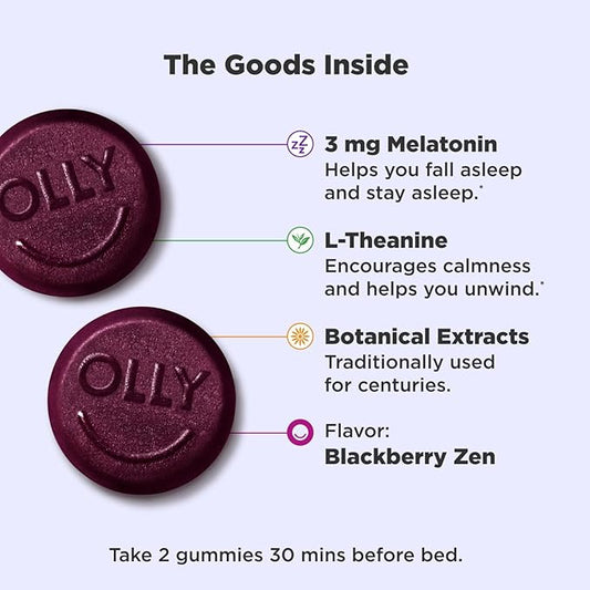 OLLY Sleep Gummy, Occasional Sleep Support, 3 mg Melatonin, L-Theanine, Chamomile, Lemon Balm, Sleep Aid, Blackberry - 70 Count