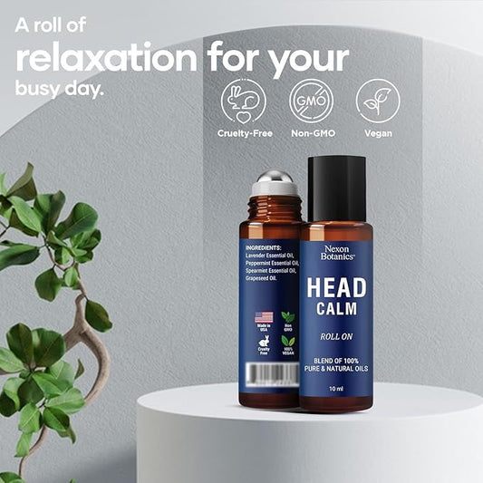 Head Calm Essential Oil Roll-On 10 ml - Soothing Migraine Stick Roller for Easy Application - Pure, Natural Oil with Grapeseed for Relaxation - Nexon Botanics