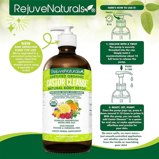RejuveNaturals Castor Cleanseâ¢ - USDA Organic Castor Oil, Chlorella, Spirulina, Roots & Greens for Wellness, Digestive Support, Daily Balance. 3-Month Supply Gut Cleanse Detox for Women & Men - 16oz.