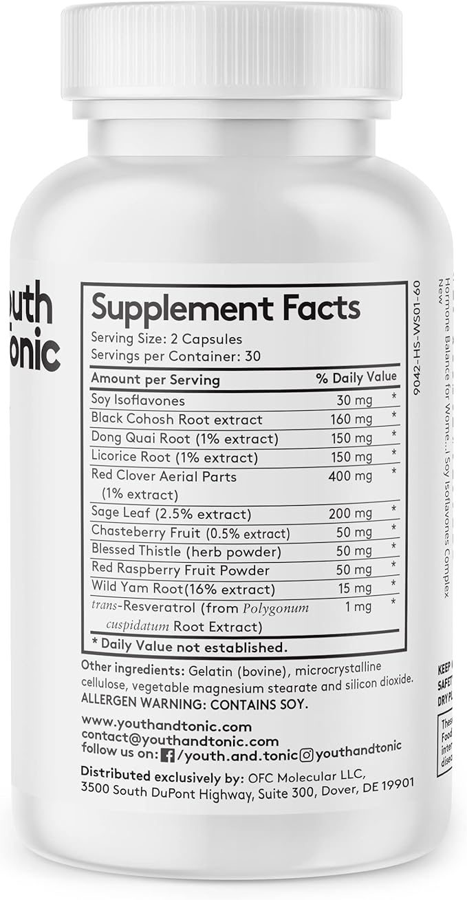 Youth & Tonic Menopause & PMS Support for Women Through Balanced Estrogen Metabolism â 90 Pills with DIM Black Cohosh Red Clover Dong Quai Soy Isoflavones