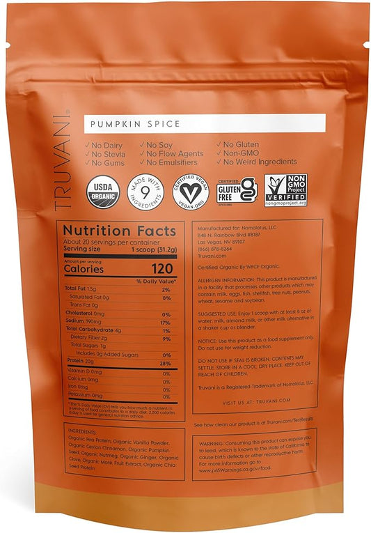 Truvani Vegan Pea Protein Powder | Pumpkin Spice | 20g Organic Plant Based Protein | 20 Servings | Keto | Gluten & Dairy Free | Low Carb | No Added Sugar