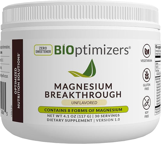 BiOptimizers Magnesium Breakthrough Drink Unflavored - 8 Forms of Magnesium: Glycinate, Malate, Citrate, and More - Natural Sleep Supplement â 6 oz (30 Servings)