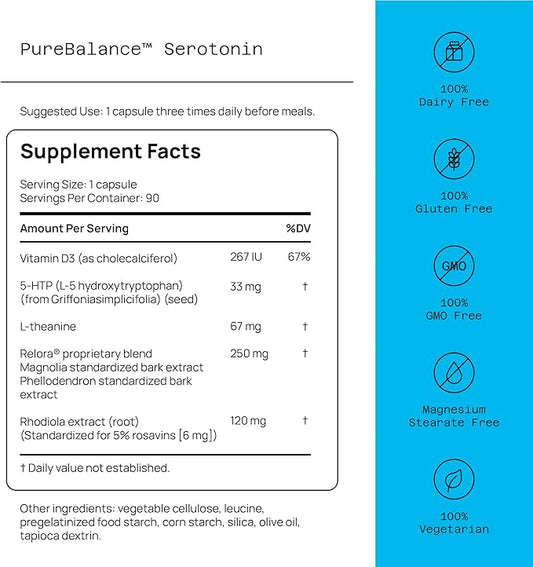 Quality of Life Pure Balance Serotonin Premium–Helps Boost Serotonin & Cortisol Levels - Includes 5-HTP, Venetron, Sensoril, Vitamin D3 & L-Theanine–60 Capsules