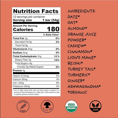 WISE BAR Adaptogen Mushroom Bars | Cinnamon Turmeric Flavor | 12 Count | Functional Mushrooms and Adaptogens Bar | Organic Nutrition Energy Bars, Vegan, Gluten Free