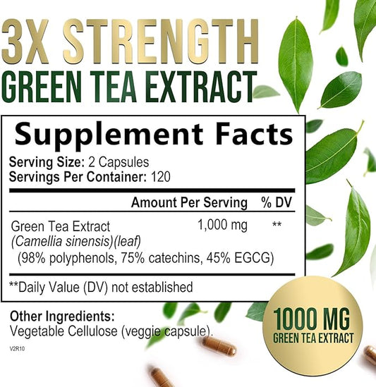 Green Tea Extract Capsules 1000mg 98% Standardized EGCG - 3X Strength for Natural Energy - Heart Support with Polyphenols - Gentle Caffeine - 240 Capsules
